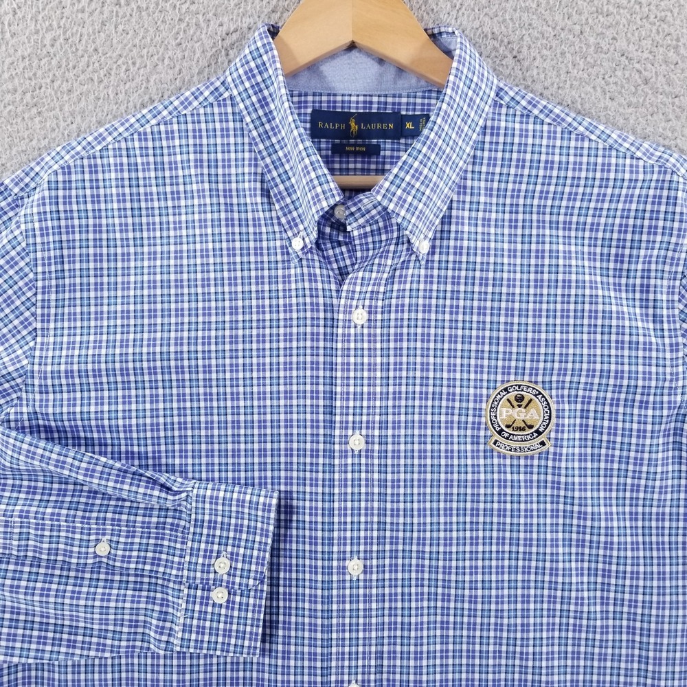 Ralph Lauren Shirt Mens XL Blue Plaid PGA Golf Member Non Iron Button Down